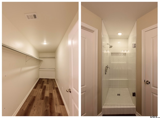 bathroom with hardwood / wood-style floors and a shower with door