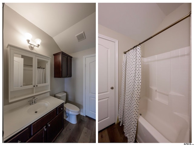 full bathroom with vanity, vaulted ceiling, shower / tub combo with curtain, hardwood / wood-style flooring, and toilet