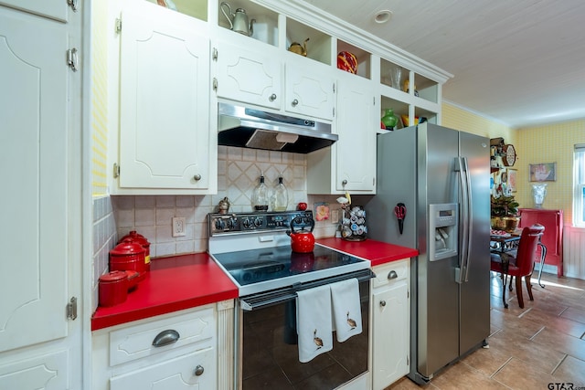 kitchen featuring stainless steel refrigerator with ice dispenser, white cabinetry, black range with electric stovetop, and tasteful backsplash