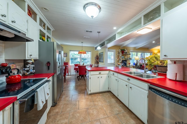 kitchen featuring kitchen peninsula, stainless steel dishwasher, white range with electric stovetop, sink, and white cabinetry