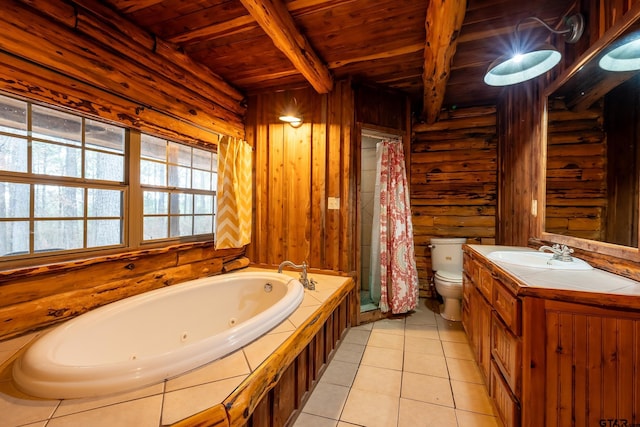 bathroom with a washtub, wood ceiling, tile patterned flooring, toilet, and beamed ceiling