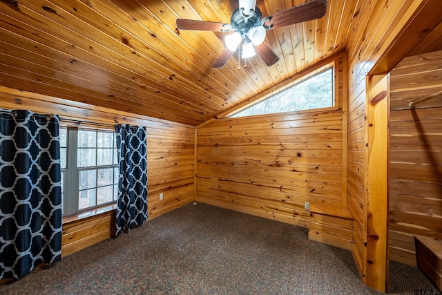 additional living space with wood ceiling, carpet flooring, wooden walls, and vaulted ceiling