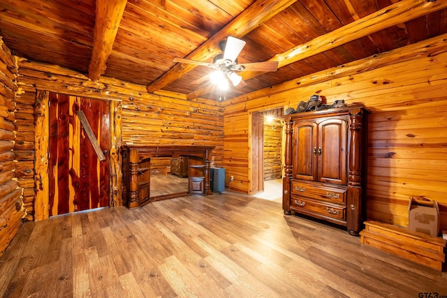 unfurnished living room featuring wood ceiling, beam ceiling, rustic walls, and light wood-type flooring