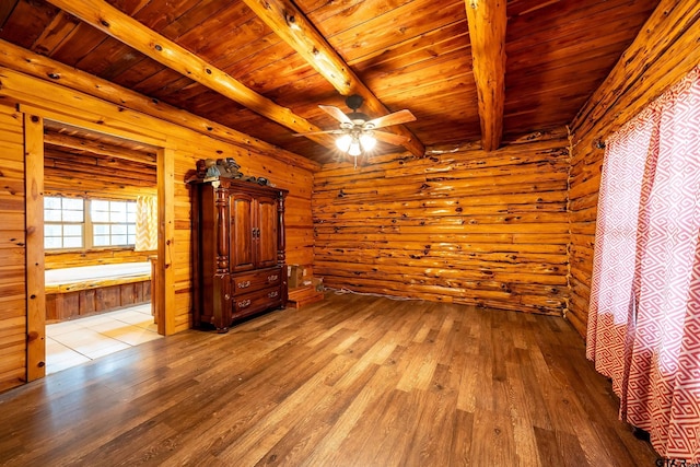 unfurnished bedroom with beam ceiling, wood ceiling, light wood-type flooring, and wood walls