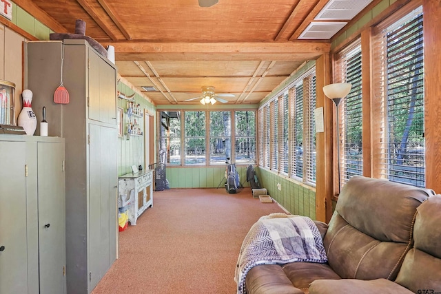 sunroom with washer / clothes dryer, wood ceiling, and ceiling fan