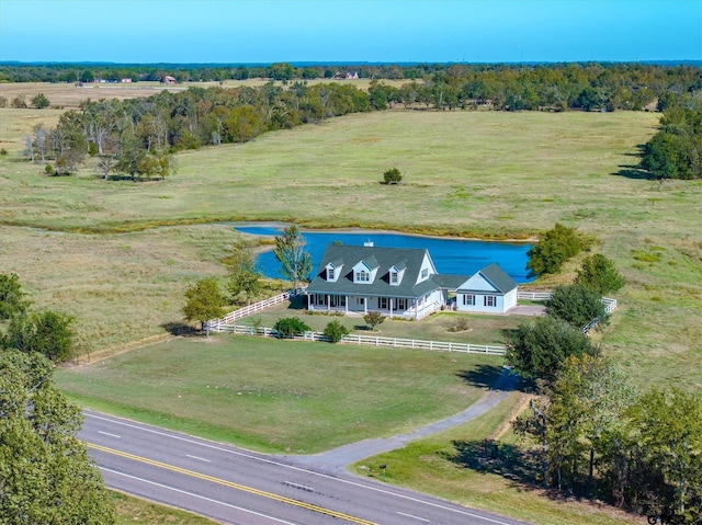 aerial view featuring a rural view and a water view