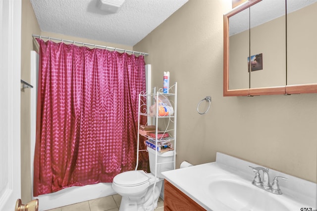 full bathroom with shower / tub combo with curtain, toilet, tile patterned flooring, and a textured ceiling