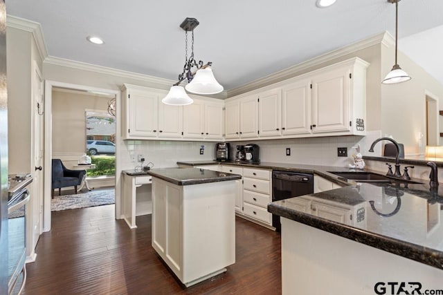 kitchen with crown molding, dishwasher, a sink, white cabinets, and dark stone countertops