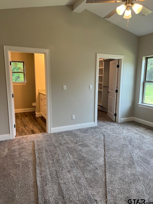 unfurnished bedroom with lofted ceiling with beams, ceiling fan, dark colored carpet, and a spacious closet