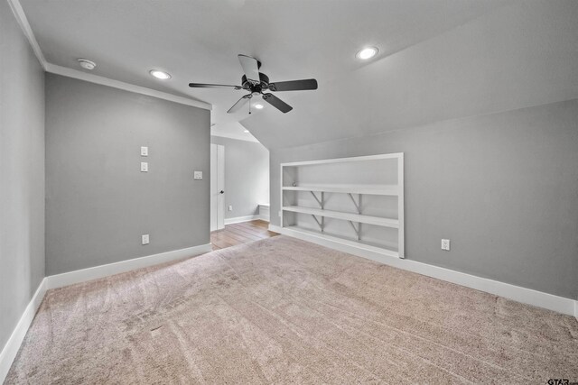 23611 Ridgeview Dr, Bullard, TX 75757 - bonus room featuring carpet floors, ceiling fan, recessed lighting, built in shelves, and vaulted ceiling