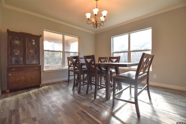 dining area with a chandelier, a wealth of natural light, dark wood-type flooring, and ornamental molding