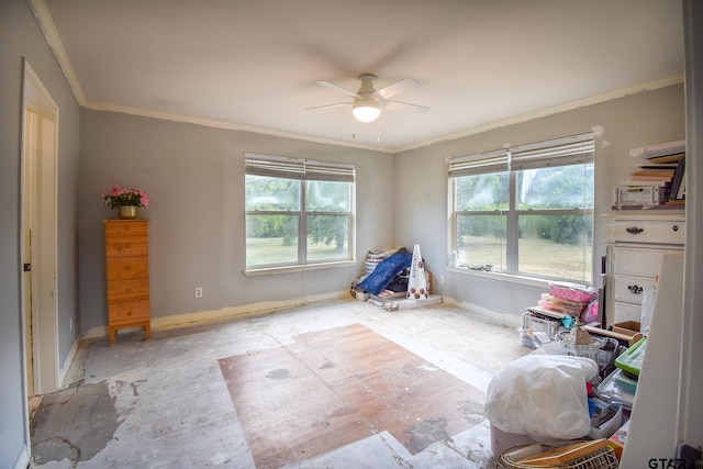 bedroom with multiple windows, ornamental molding, and ceiling fan