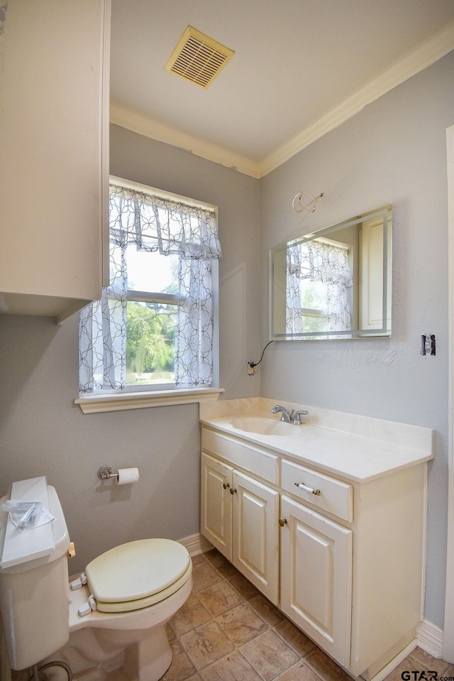 bathroom with plenty of natural light, toilet, and ornamental molding