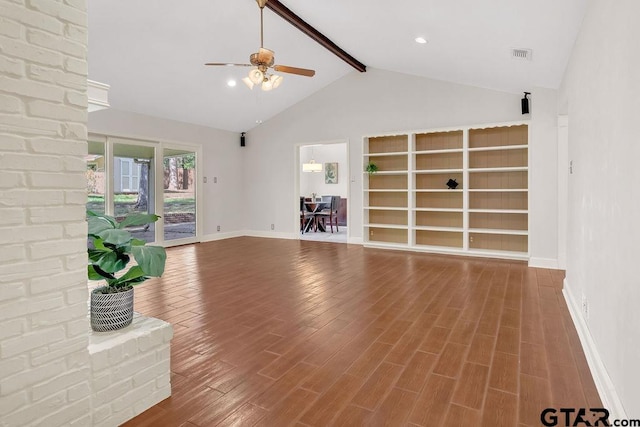 unfurnished living room with hardwood / wood-style floors, high vaulted ceiling, ceiling fan, and beam ceiling