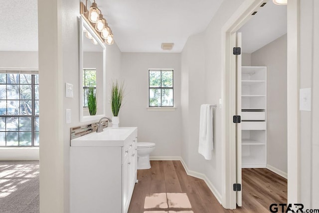 bathroom with toilet, vanity, and hardwood / wood-style flooring