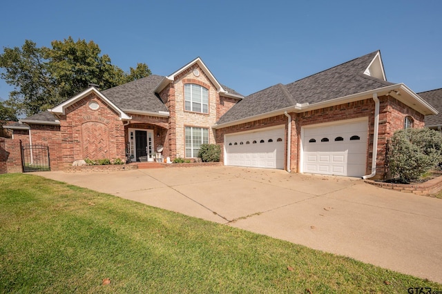 view of property featuring a garage and a front yard