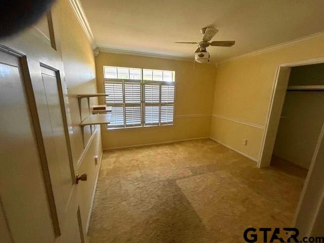 unfurnished bedroom with light carpet, ceiling fan, and crown molding