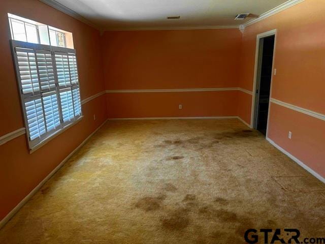 spare room with ornamental molding and light colored carpet