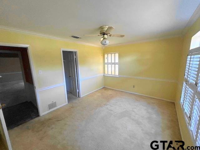 unfurnished bedroom featuring light colored carpet, multiple windows, a spacious closet, and ornamental molding