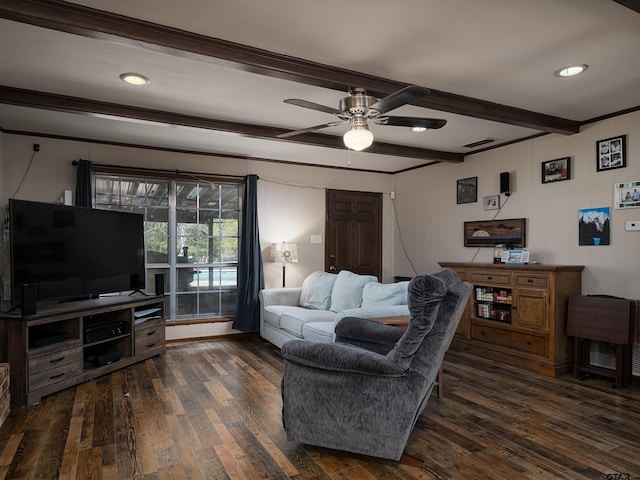 living area with visible vents, beamed ceiling, ceiling fan, and dark wood finished floors