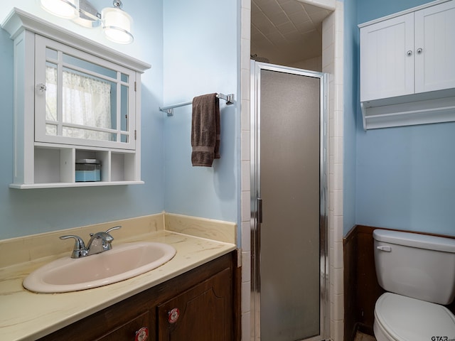 full bathroom featuring vanity, toilet, and a shower stall