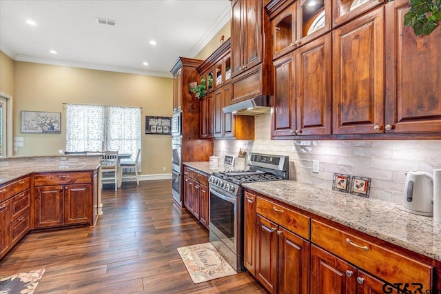 kitchen with visible vents, under cabinet range hood, light stone counters, decorative backsplash, and stainless steel appliances