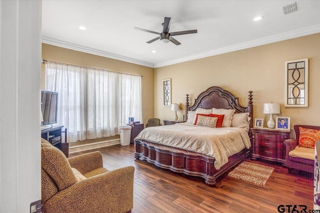 bedroom with recessed lighting, visible vents, wood finished floors, and crown molding