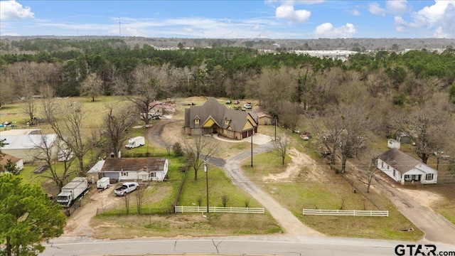 birds eye view of property with a wooded view