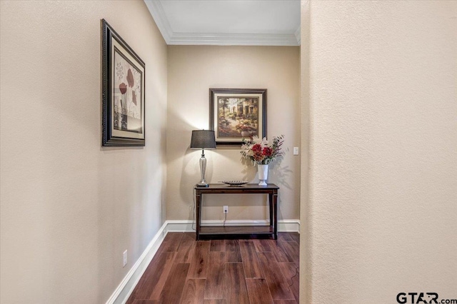 corridor with crown molding, baseboards, and wood finished floors