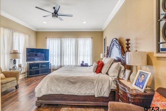 bedroom featuring a ceiling fan, crown molding, recessed lighting, and dark wood-style floors