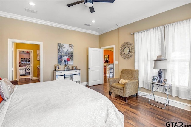 bedroom with recessed lighting, visible vents, dark wood-style floors, and crown molding