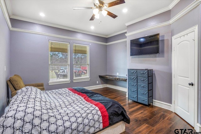 bedroom featuring recessed lighting, baseboards, wood finished floors, and ornamental molding