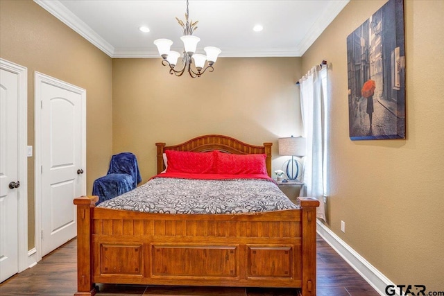 bedroom with ornamental molding, recessed lighting, baseboards, a chandelier, and dark wood-style flooring