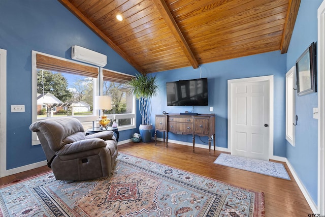 living area featuring lofted ceiling with beams, baseboards, wood finished floors, a wall unit AC, and wooden ceiling