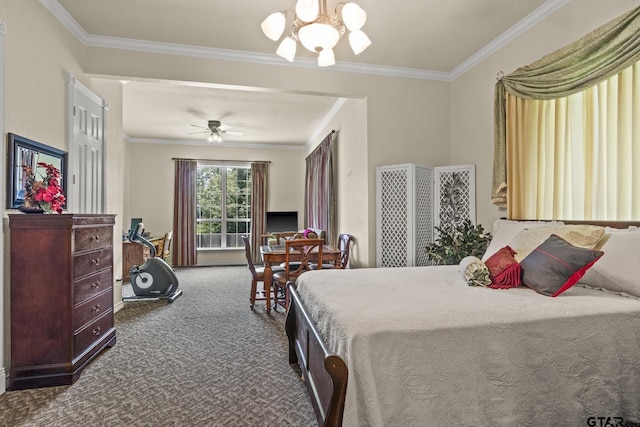 bedroom featuring crown molding, ceiling fan with notable chandelier, and dark carpet