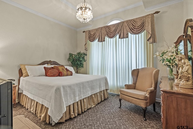 carpeted bedroom with ornamental molding and a notable chandelier