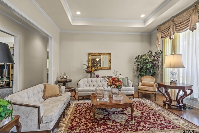 living area with a wealth of natural light, ornamental molding, and a tray ceiling