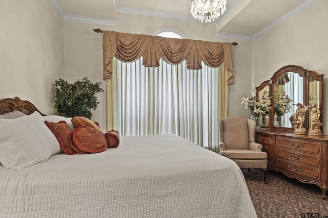 bedroom with crown molding and an inviting chandelier