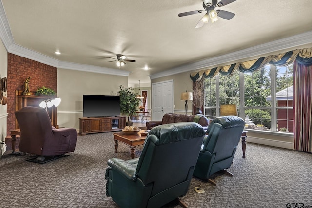 living room featuring crown molding, carpet flooring, a textured ceiling, and ceiling fan