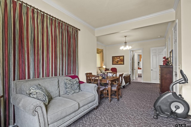 carpeted living room with a notable chandelier and crown molding