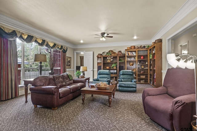 living room featuring carpet floors, ceiling fan, and ornamental molding