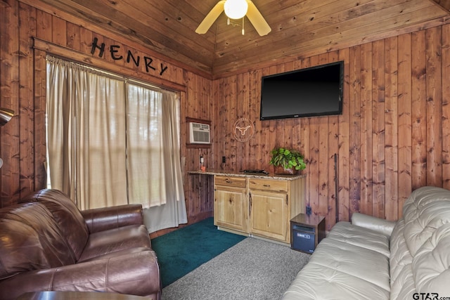 carpeted living room with ceiling fan, wood ceiling, wood walls, and a wall mounted AC