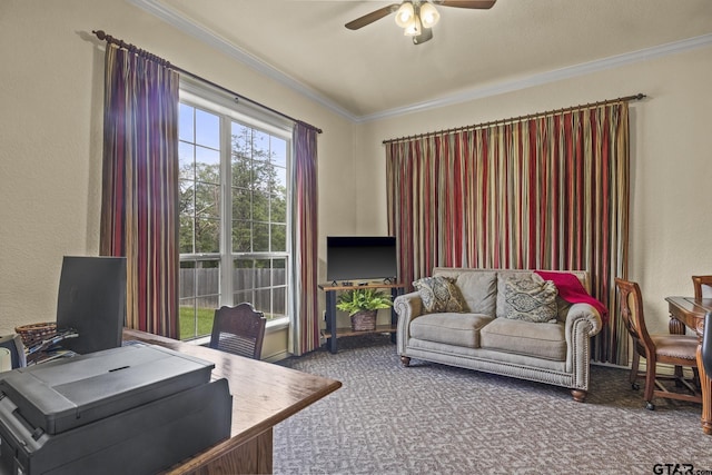 carpeted home office with ceiling fan and crown molding