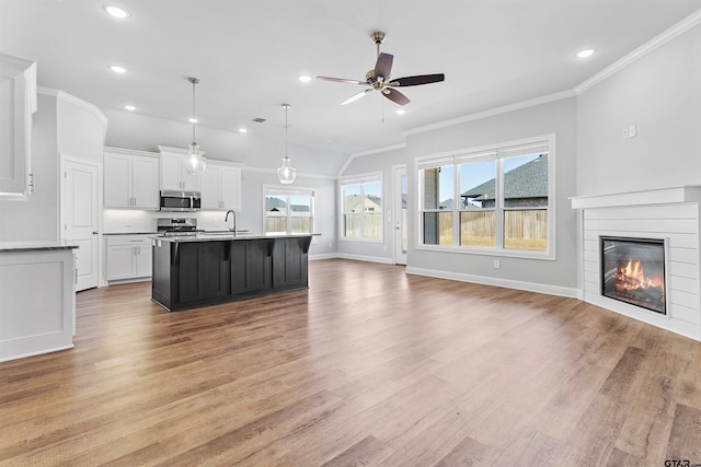 kitchen with appliances with stainless steel finishes, an island with sink, white cabinets, hanging light fixtures, and light hardwood / wood-style floors