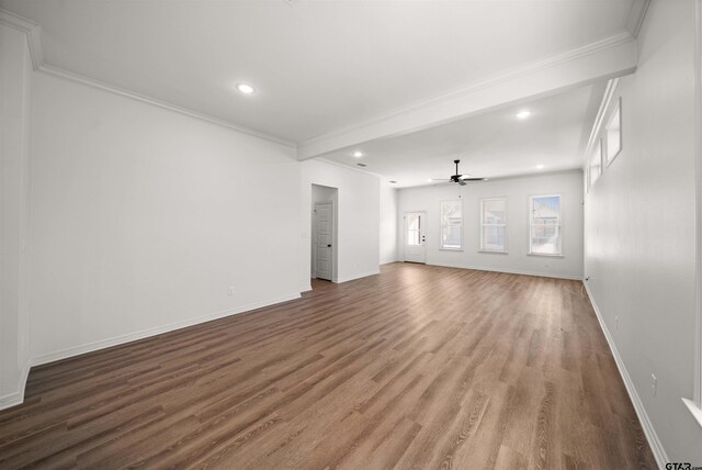 2716 Royal Village Way, Tyler, TX 75701 - unfurnished living room featuring wood finished floors, a ceiling fan, recessed lighting, ornamental molding, and baseboards