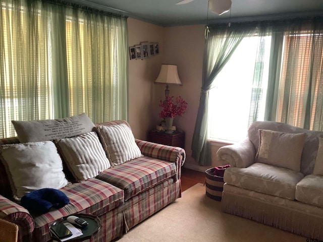 living room with ornamental molding, ceiling fan, and a healthy amount of sunlight