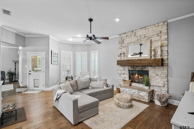 1807 Mill Creek Rd, Canton, TX 75103 - living area with ceiling fan, ornamental molding, a fireplace, dark wood finished floors, and baseboards