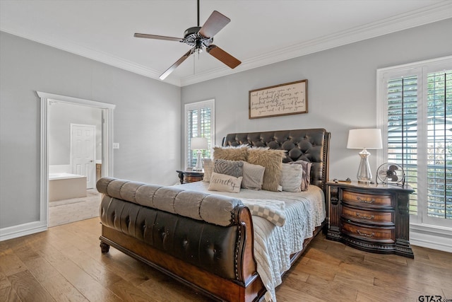 1807 Mill Creek Rd, Canton, TX 75103 - bedroom featuring wood finished floors, ornamental molding, a ceiling fan, ensuite bathroom, and baseboards
