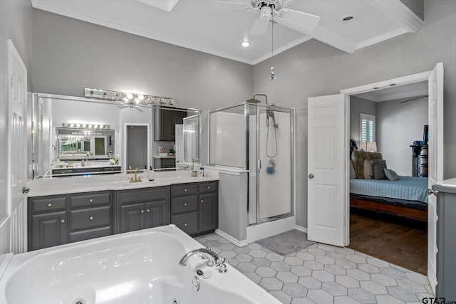 1807 Mill Creek Rd, Canton, TX 75103 - full bath with ceiling fan, a stall shower, ornamental molding, vanity, and a tub with jets