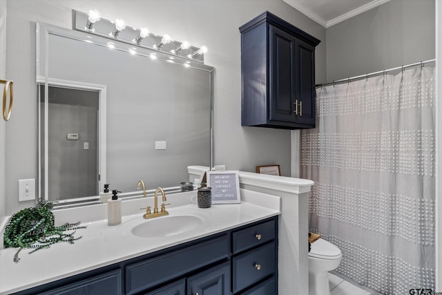 1807 Mill Creek Rd, Canton, TX 75103 - bathroom with toilet, vanity, ornamental molding, and curtained shower